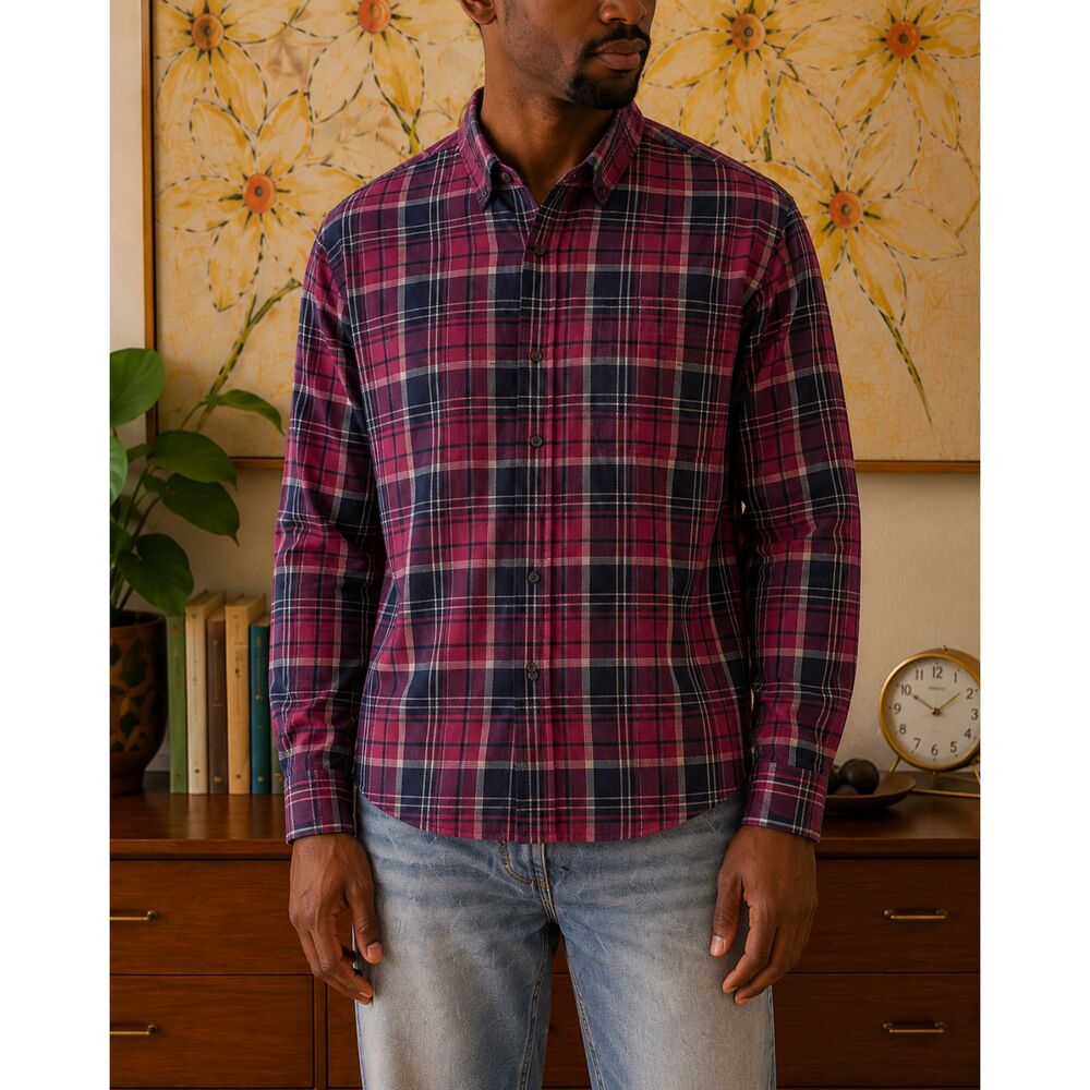 Viyella Mens L Burgundy Navy Tartan Plaid Cotton Wool Button Down Shirt Heritage